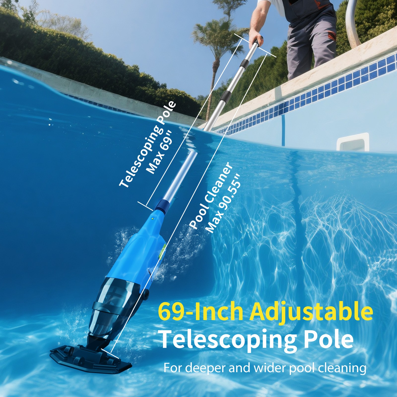 Powered Cordless Handheld Pool Vacuum, Rechargeable Pool Cleaner 60 Mins Runtime
