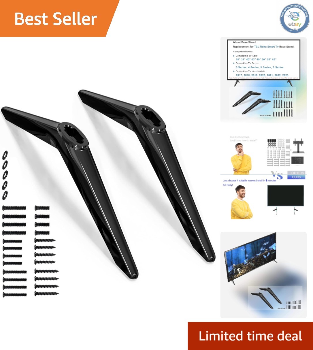 Sleek Black Tabletop Mount for TCL TVs – No Drill Required, Fits 28″ to 65″