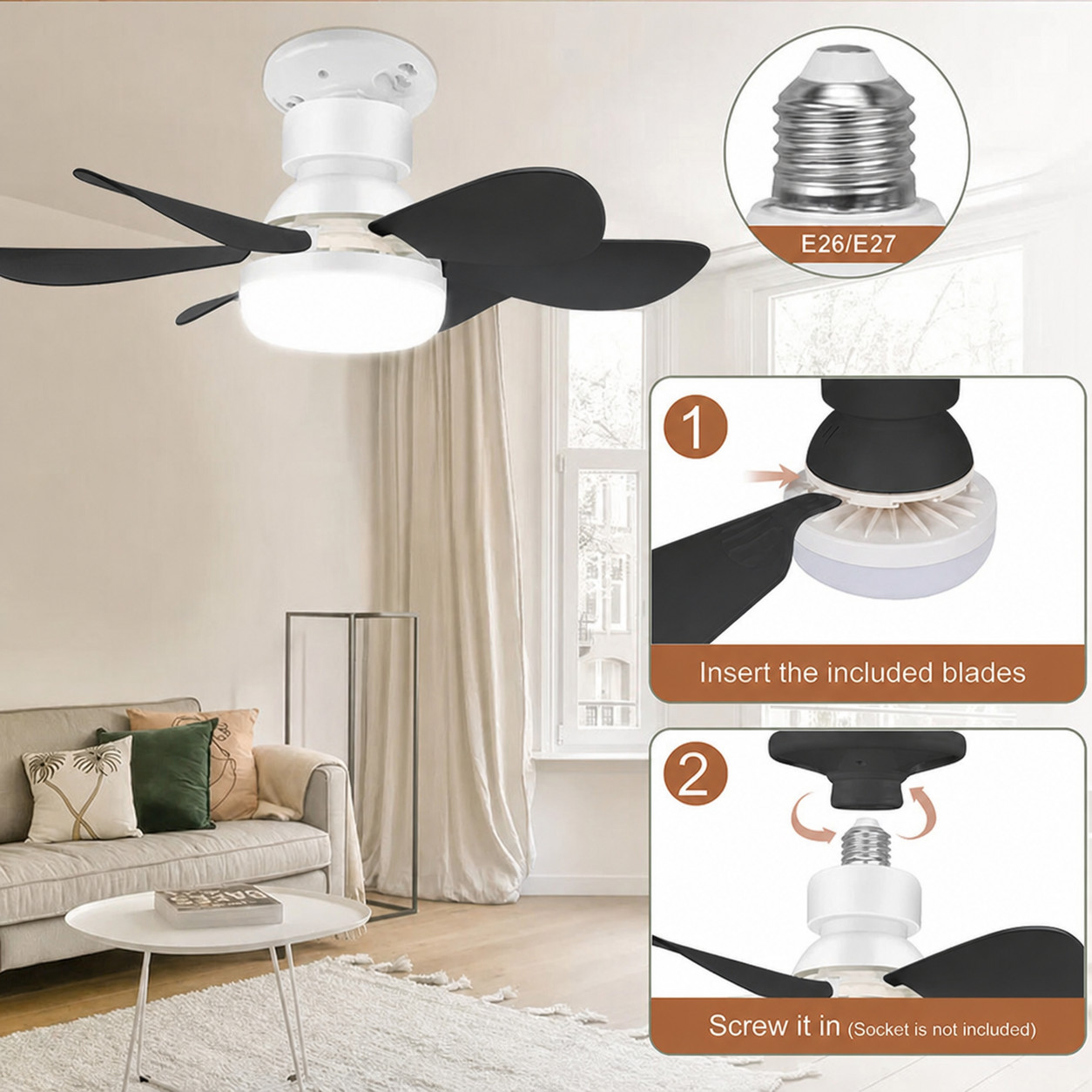 Socket Fan Light Ceiling Fans With Lights And Remote Dimmable LED Ceiling Fan US