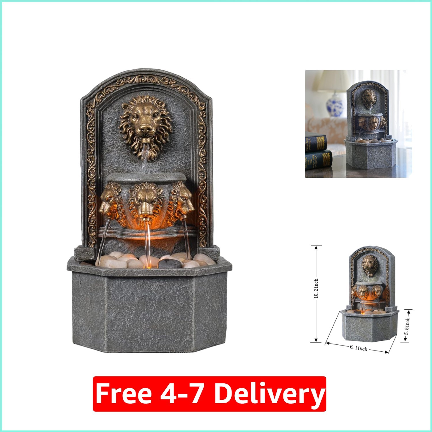 Outdoor Lion Head Stone Waterfall Wall Fountain with Pump Gray 10.3IN