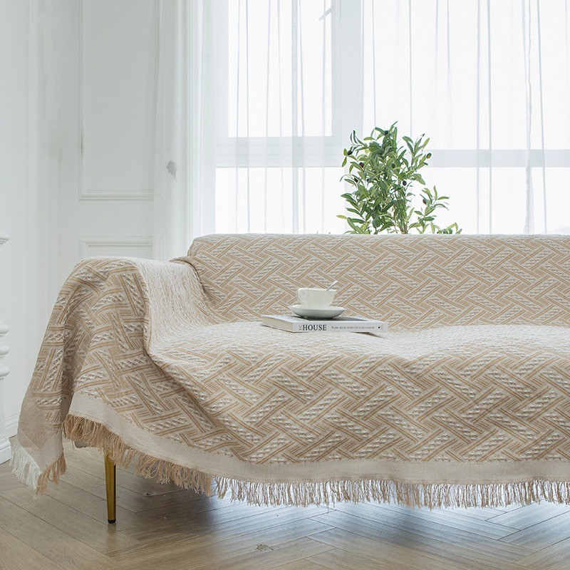 Tasseled Knit Sofa Throw Blanket Khaki Geometric Pattern for Couch Bed Decor