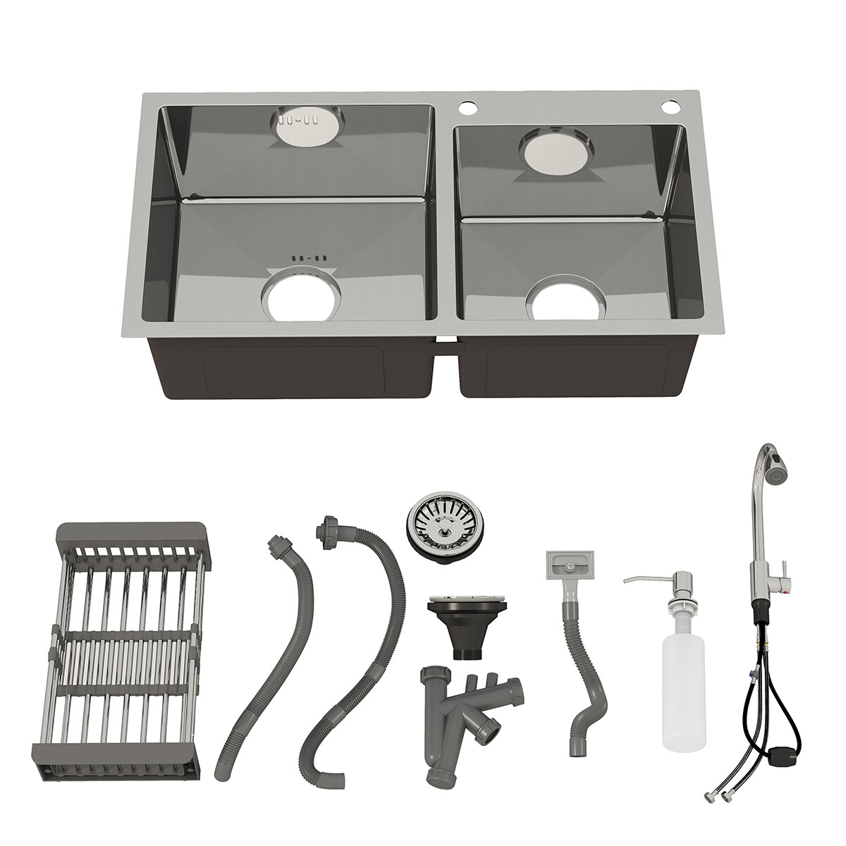 Silver Kitchen Sink Stainless Steel Double Bowl Drop In Top Mount Workstation