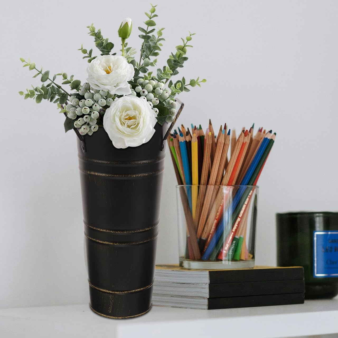 Vintage Flower Bucket Vase with Handles 10.03X5.11In Rustic Iron Plant Contai…