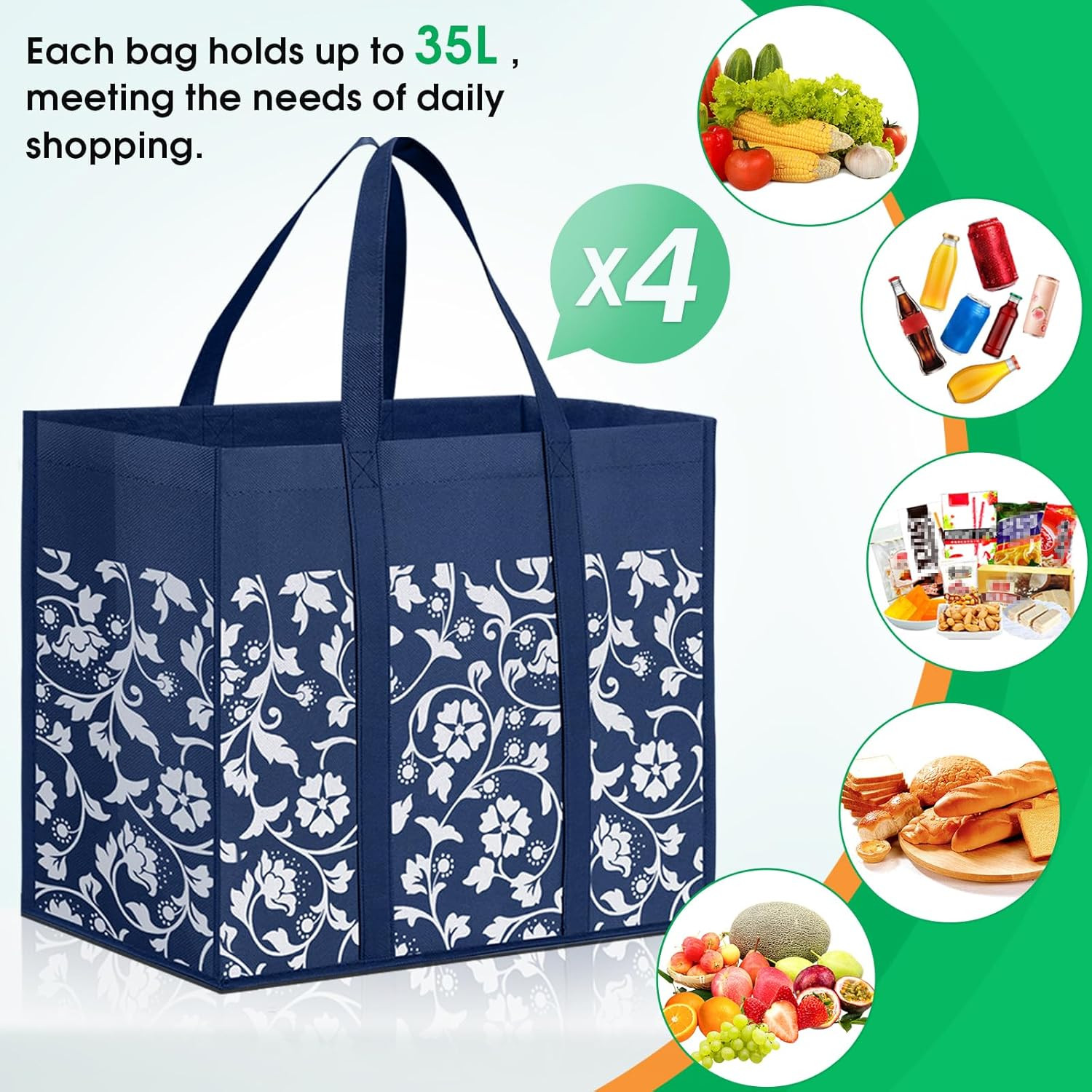 Reusable Grocery Bags 4 Pack Large Foldable Tote Waterproof Shopping Bags Set