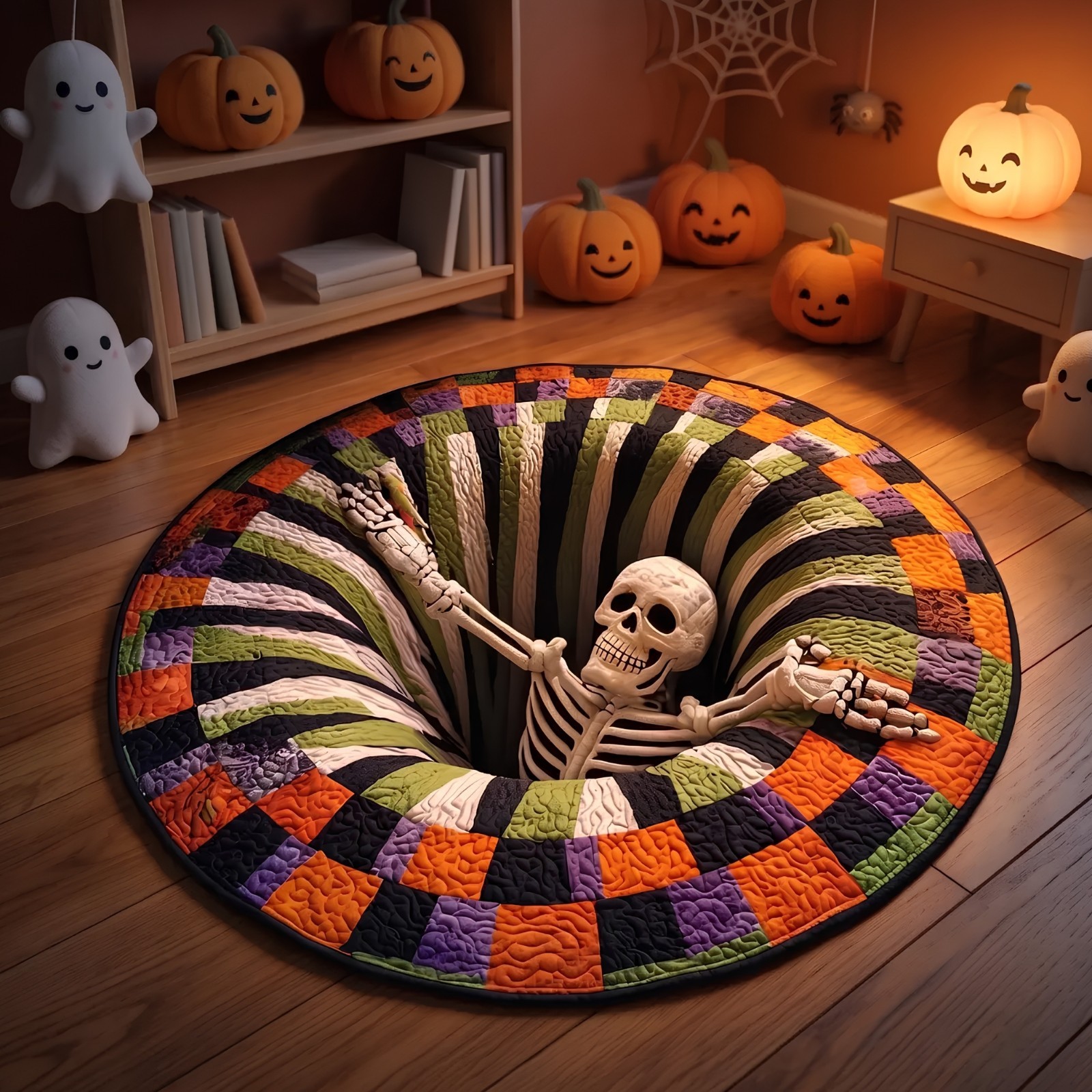 Halloween 3D Vortex Round Rug Skeleton Skull Patchwork Print Anti Slip Floor Mat