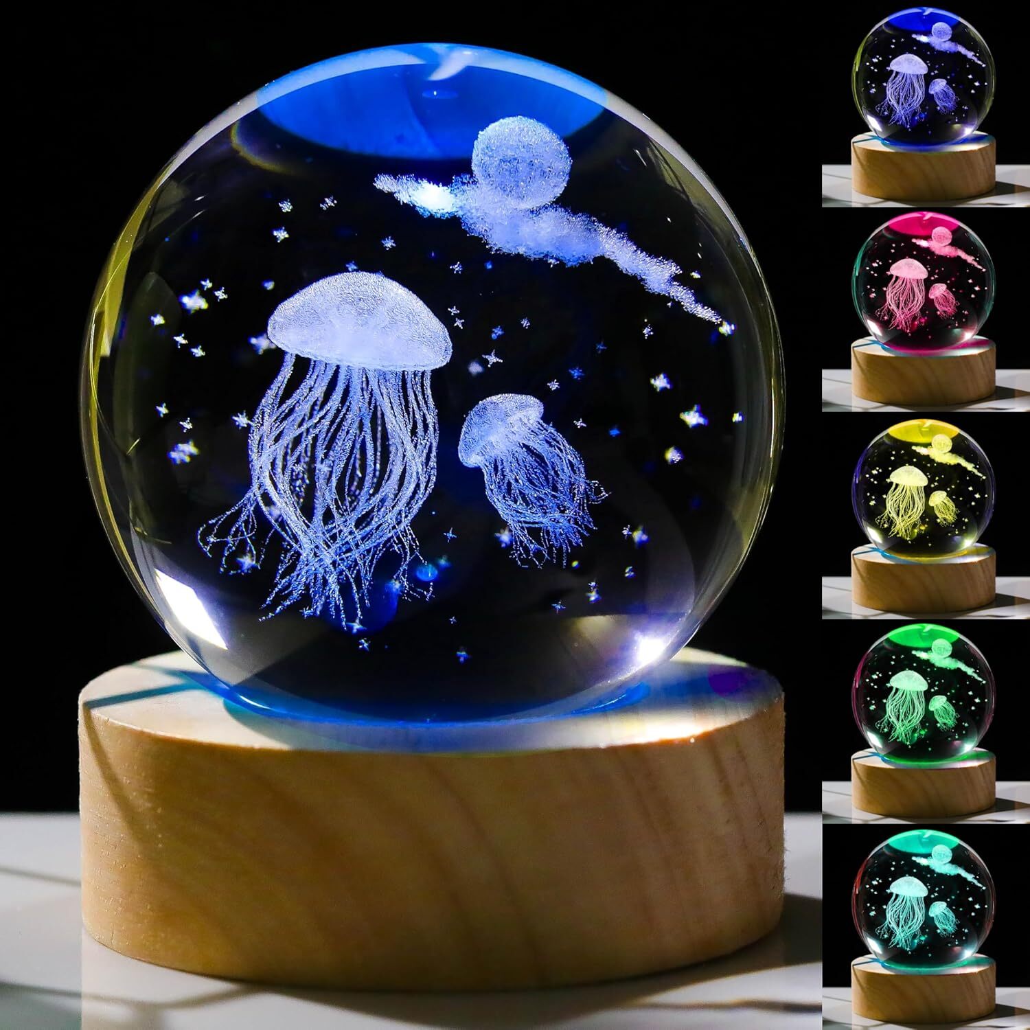 LED Bedside Table Lamp 3D Crystal Ball Night Light Solar System Jellyfish USB