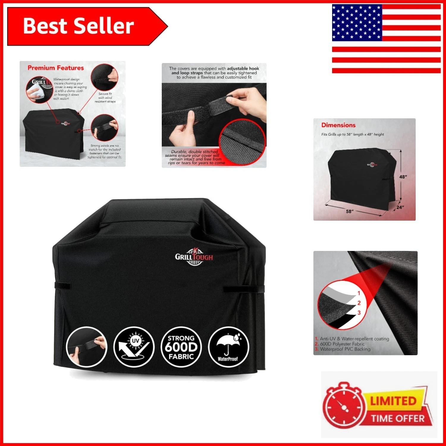 Heavy Duty 58 Inch BBQ Grill Cover – Waterproof, Weather Resistant with Straps