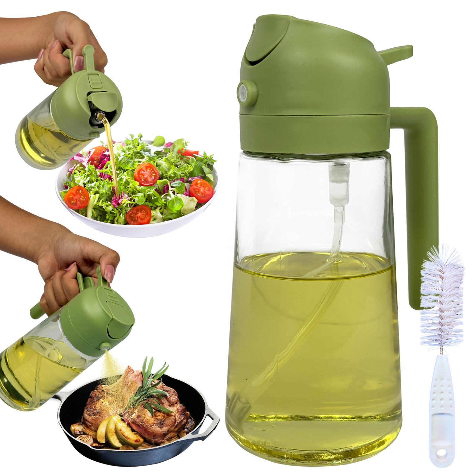16oz Olive Oil Dispenser Glass Bottle 2 in 1 Sprayer Pourer for Kitchen Cooking