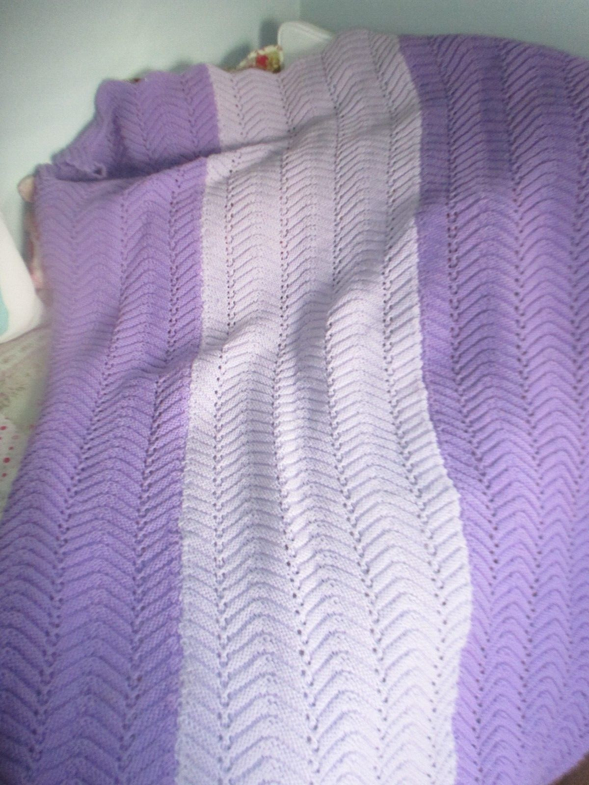 Crochet Afghan Throw Blanket Zig Zag Chevron Purple Lavender 53 x 76 in