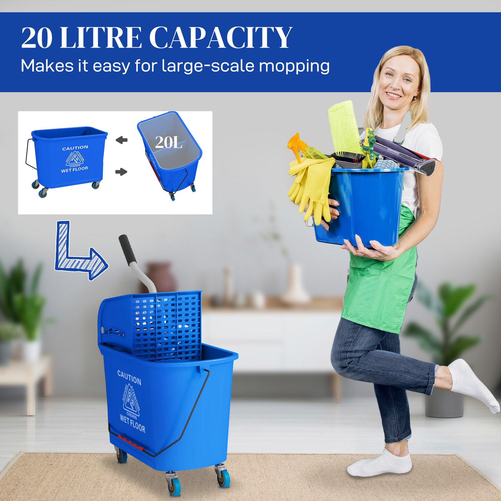 HOMCOM Mop Bucket with Wringer on Wheels for Floor Cleaning 21 Quart Blue