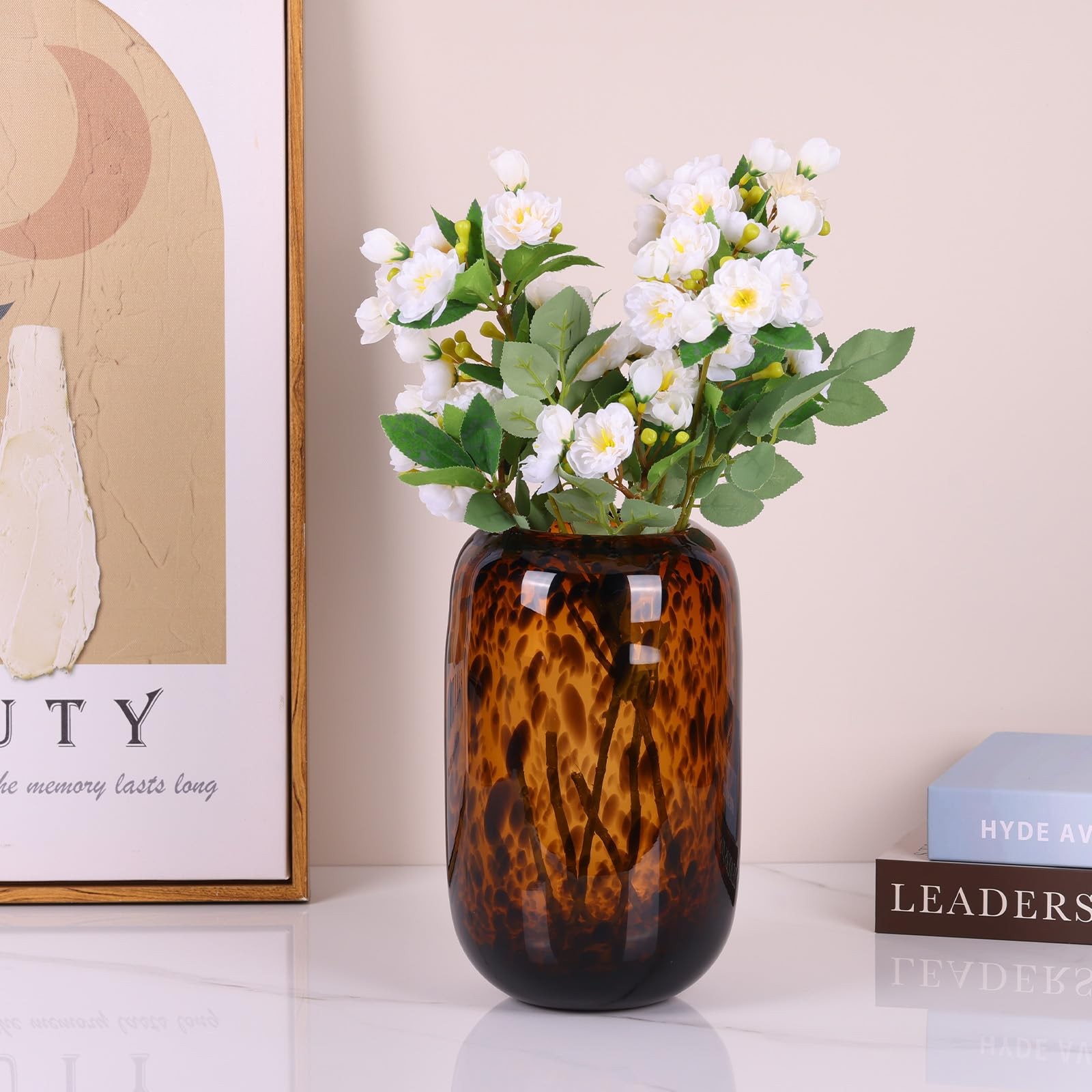 10.3in Amber Vase,Tortoise Shell Decor,Brown Glass,Round Art,Modern Clear Gla…