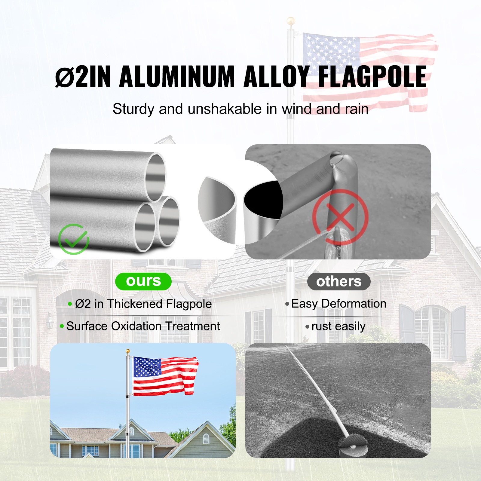 VEVOR 25FT Telescopic Flagpole Kit Heavy Duty Aluminum Flag Pole American Silver