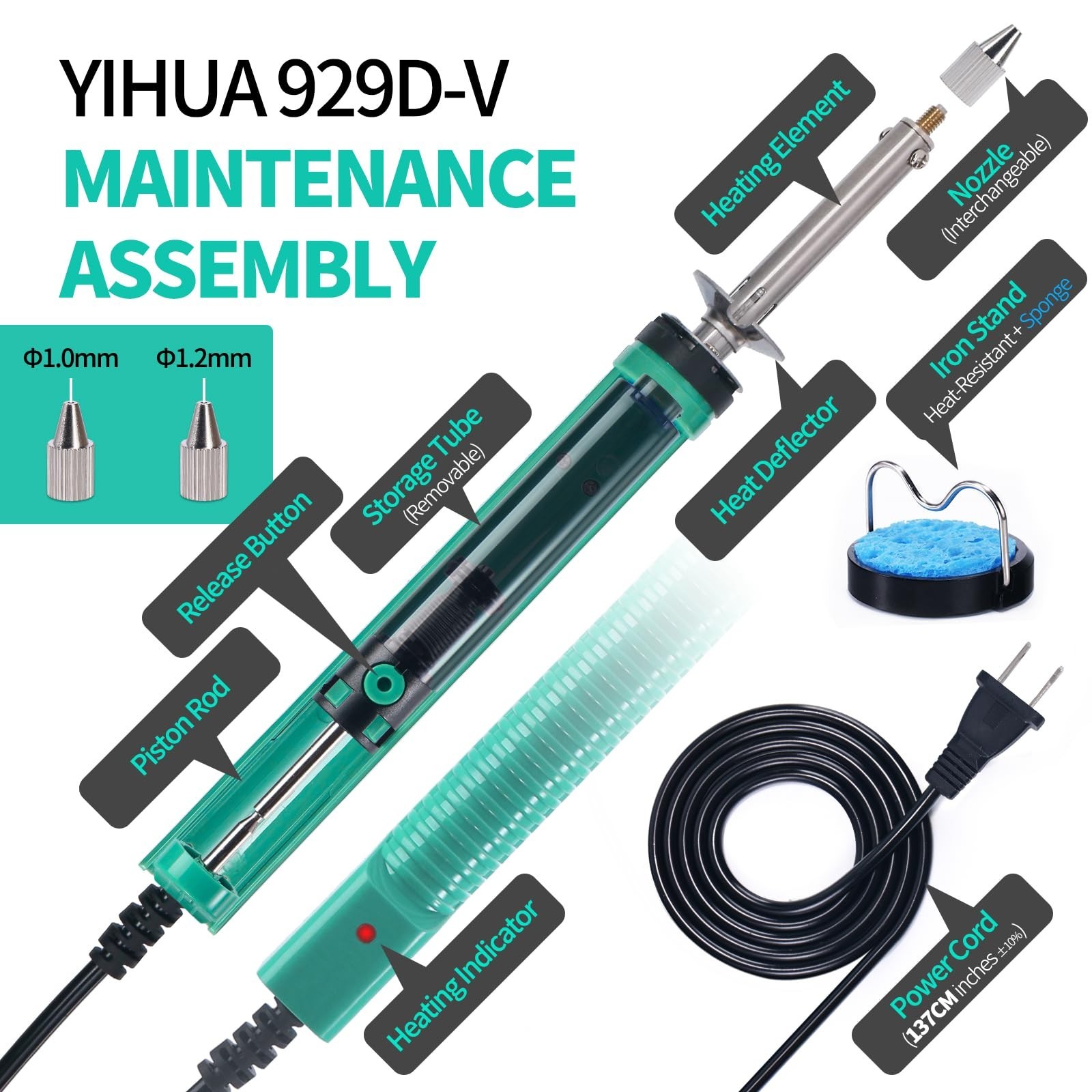 Electric Desoldering Soldering Iron Kit with Solder Sucker & Nozzles 1.0mm 1.2mm