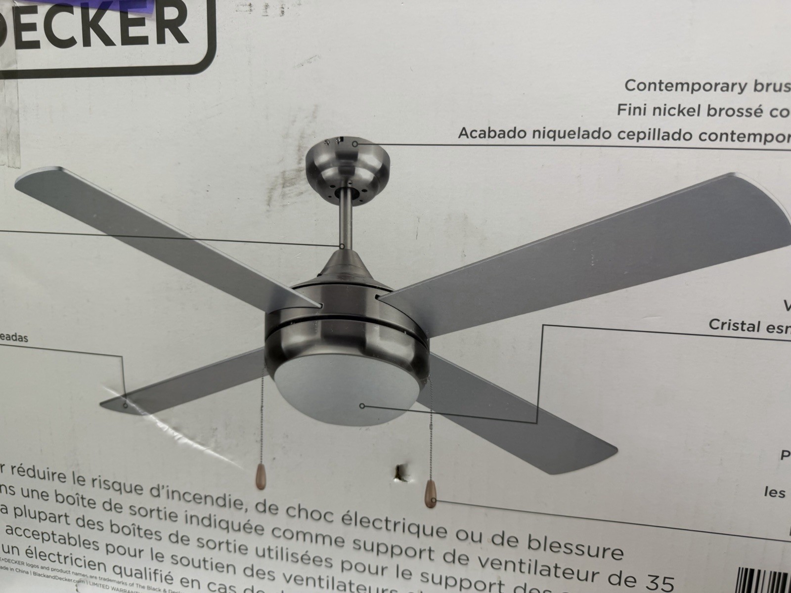 Black+Decker 52″ 4-Bladed Indoor Ceiling Fan w/ Light Brushed Nickel & Silver