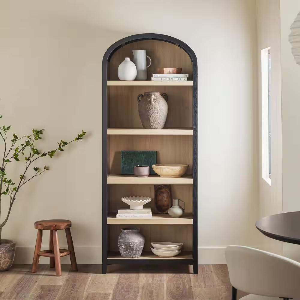 Arched 76 In. Tall Black Wood 5-Shelf Bookcase with Open Front Storage Design