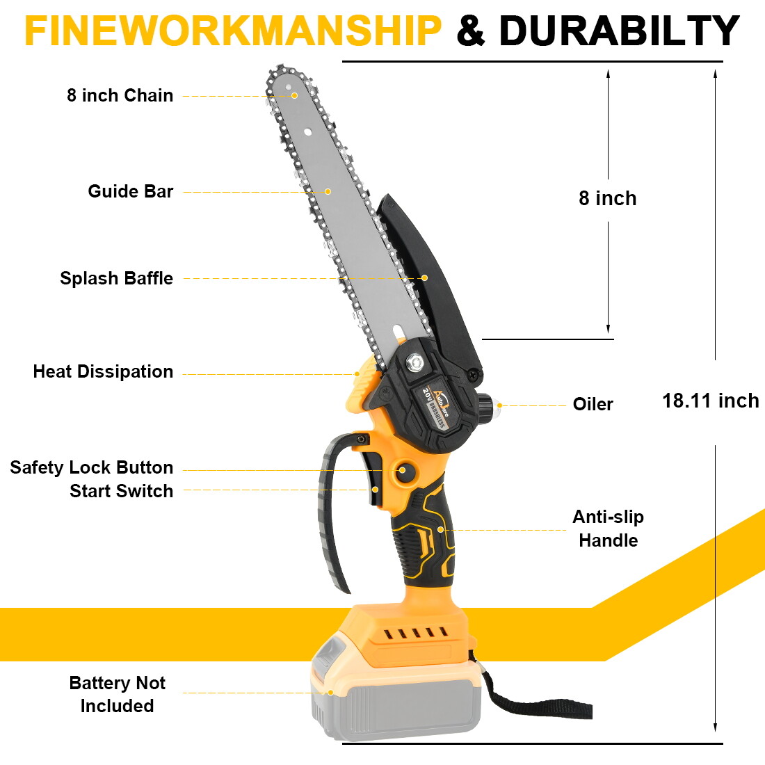 8 inch Electric Mini chainsaw Cordless Handheld Chain Saw 2 Chains for Dewalt