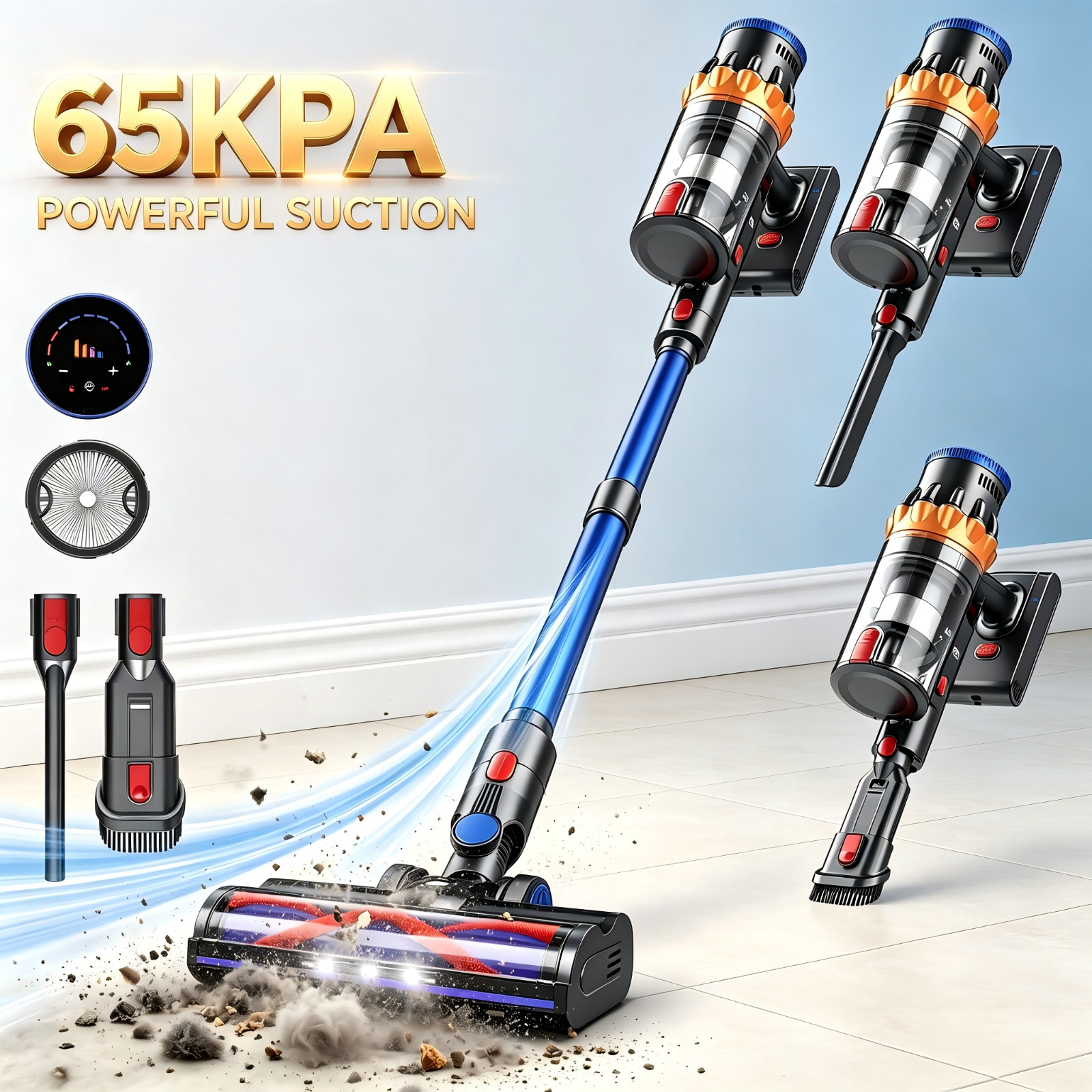 Cordless Vacuum Cleaner 65kpa Brushless Motor 65min Runtime Rechargeble Hardwood