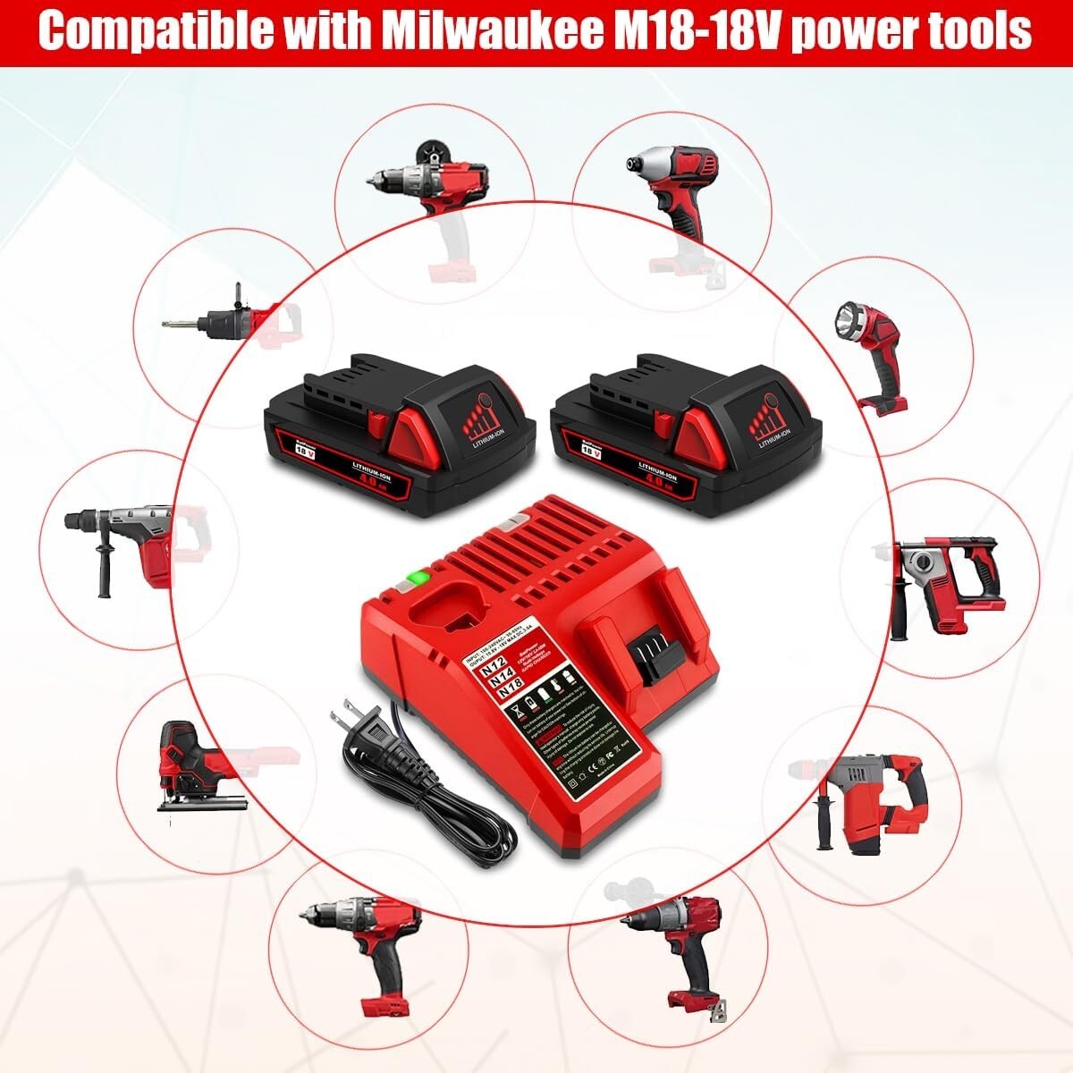 BatPower 18V 4Ah 2X Battery & Charger Compatible with Milwaukee M-18 48-11-1815