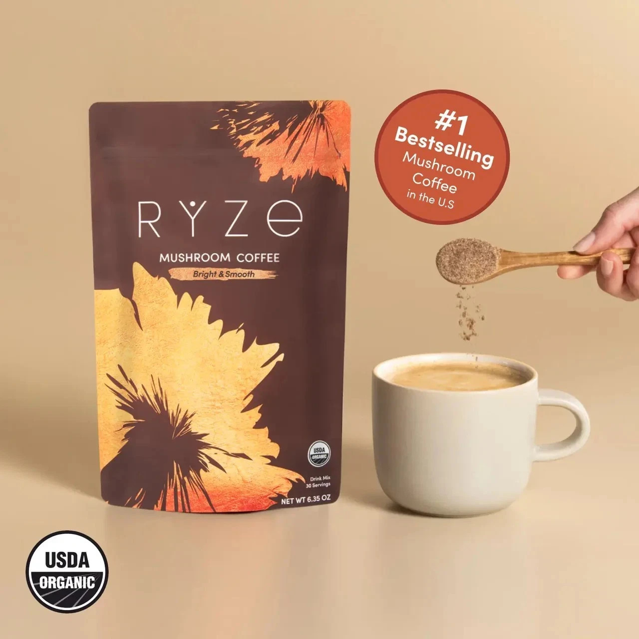 Authentic RYZE MUSHROOM Coffee Bright & Smooth Gut Health Supplement 30 Servings