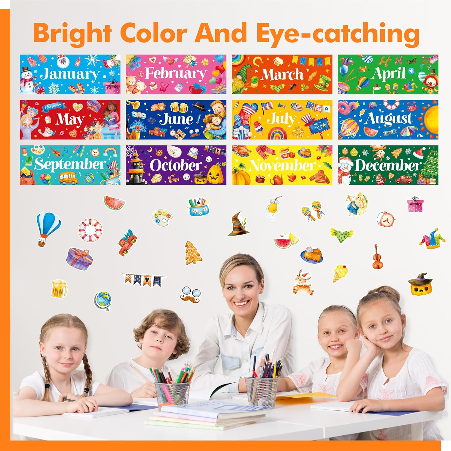 112 PCS Holiday Monthly Headliners, 12 Months of The Year Bulletin Board Decors