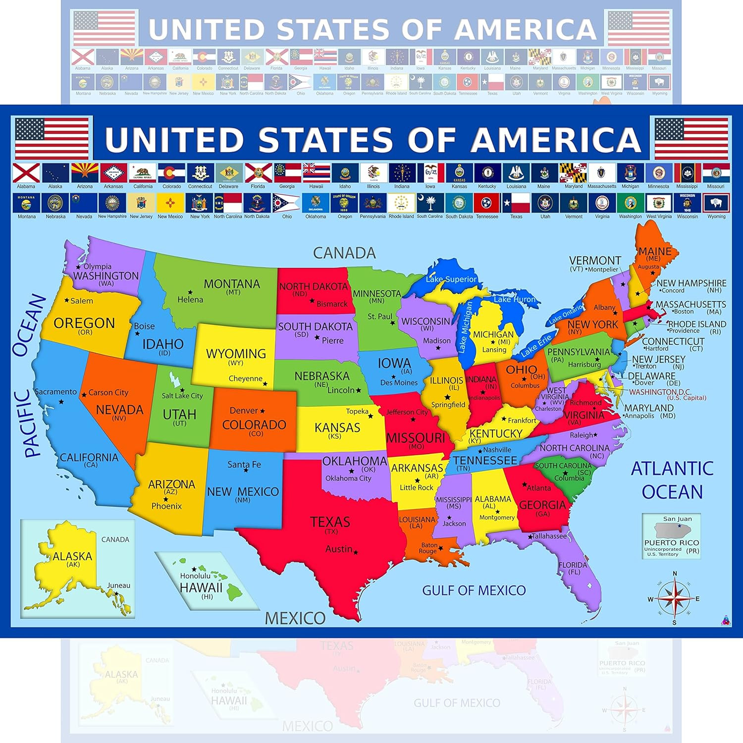 United States Map with State Flags Poster – Laminated 14X19.5 In. – Educational