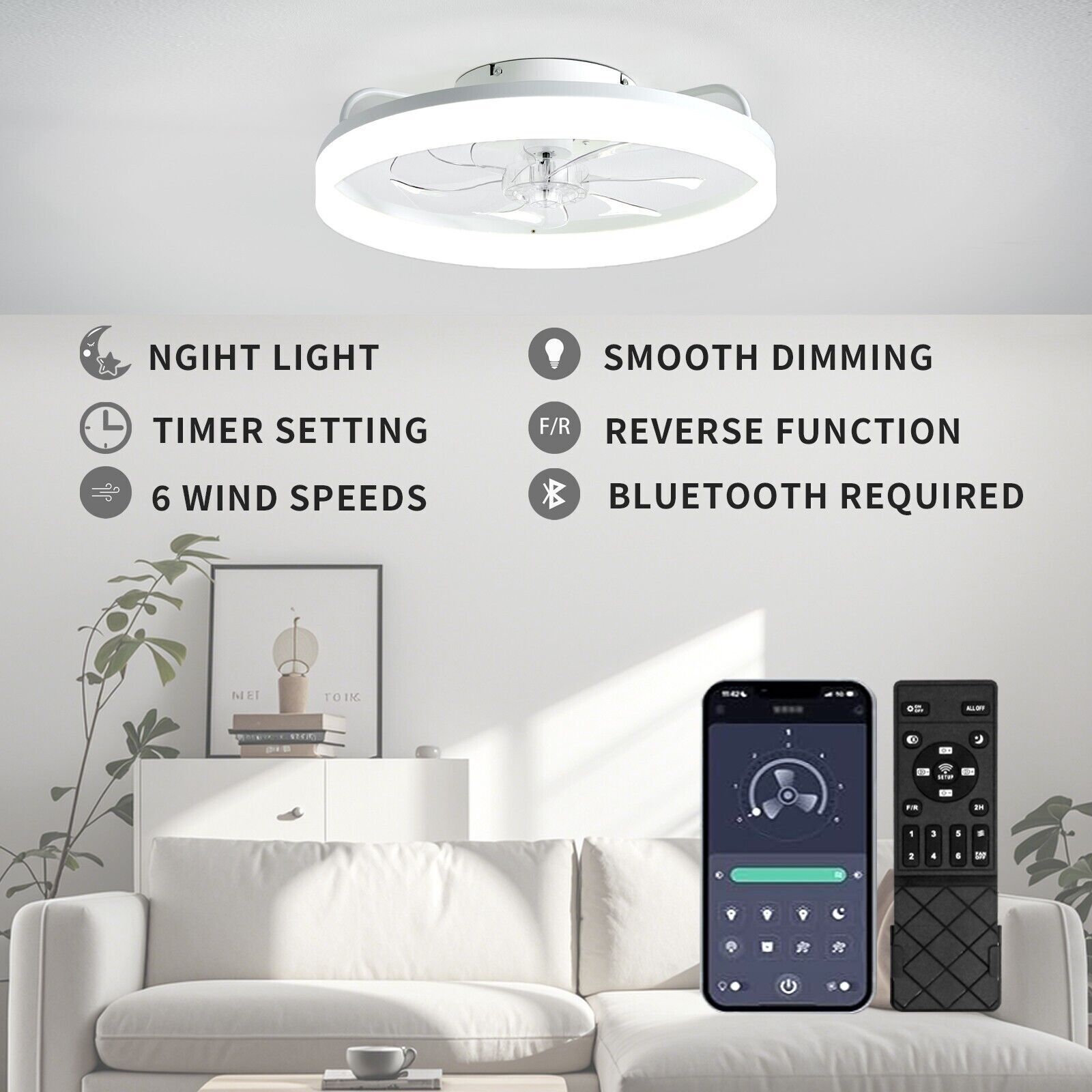 20″ Modern Fan Lights Flush Mount LED Ceiling Light kit With Remote APP Control
