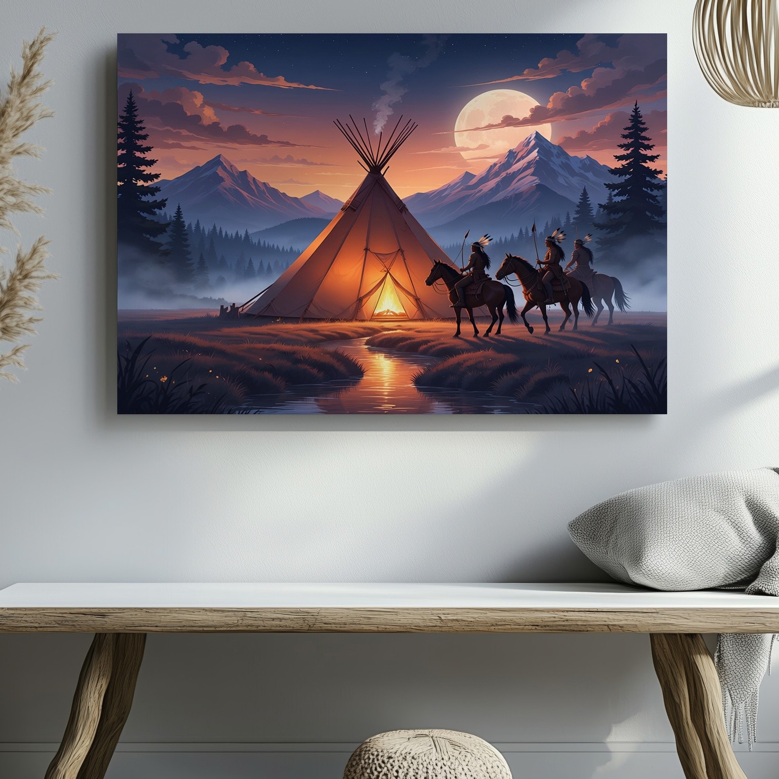 Native American Teepee Canvas Wall Art with Horseback Riders and Sunset Decor