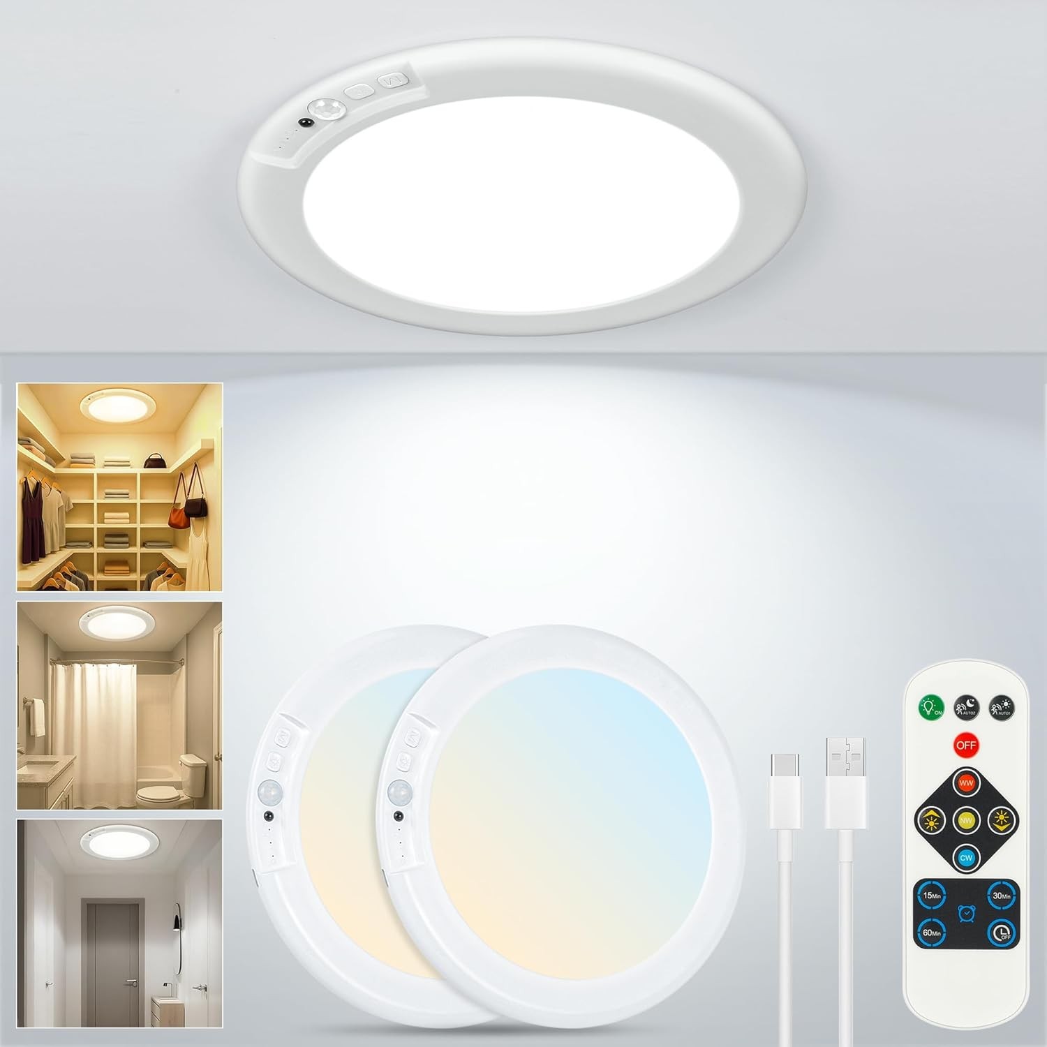 2/4 Pack Wireless Rechargeable Motion Sensor Ceiling Light with Remote Control