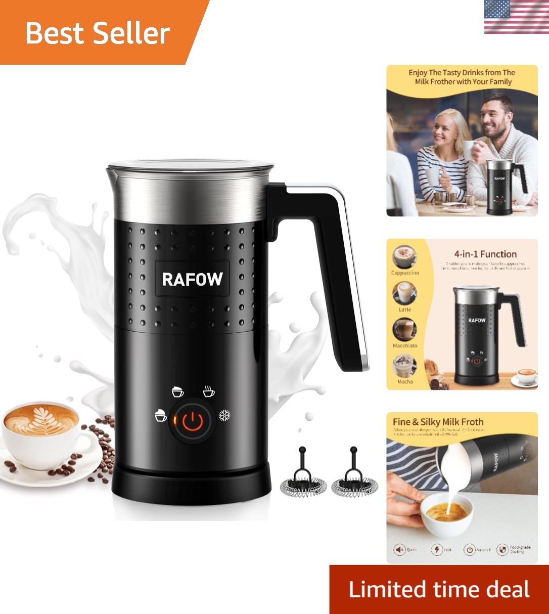 Whisper-Quiet Electric Milk Frother with Auto Shut-Off & Easy Clean Design