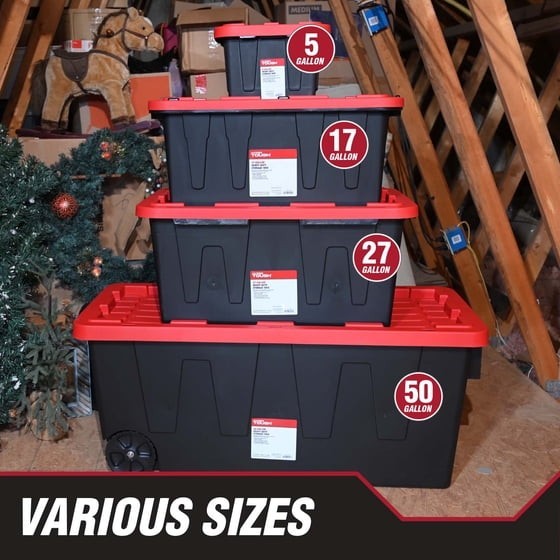 Hyper Tough 27 Gallon Large Storage Bin with Snap Lid, Black and Red, Heavy Duty