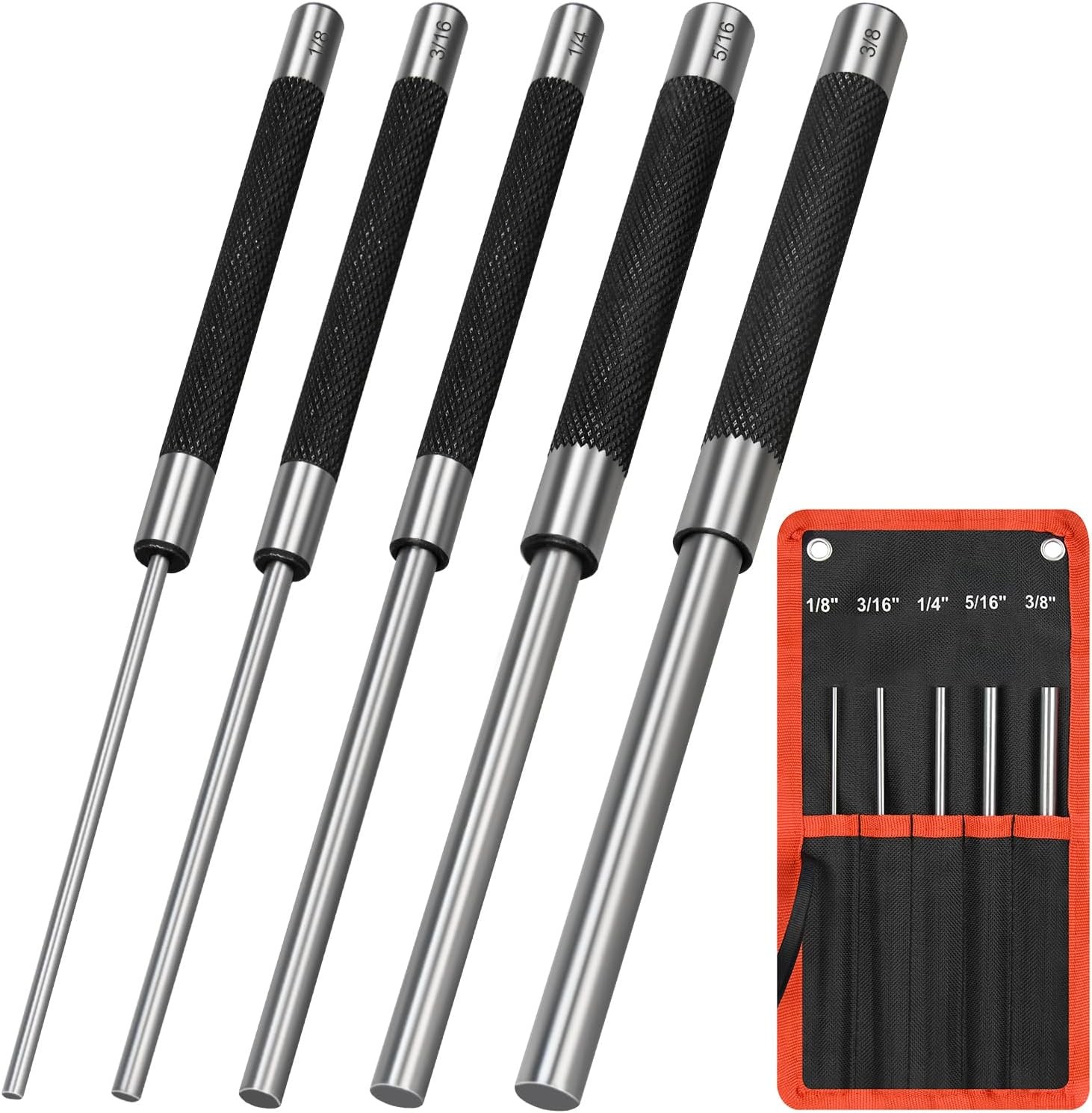 8in Long Carbon Steel Pin Punch Set, 5pcs Pin Punch Sizes 1/8″, 3/16″, 1/4″,