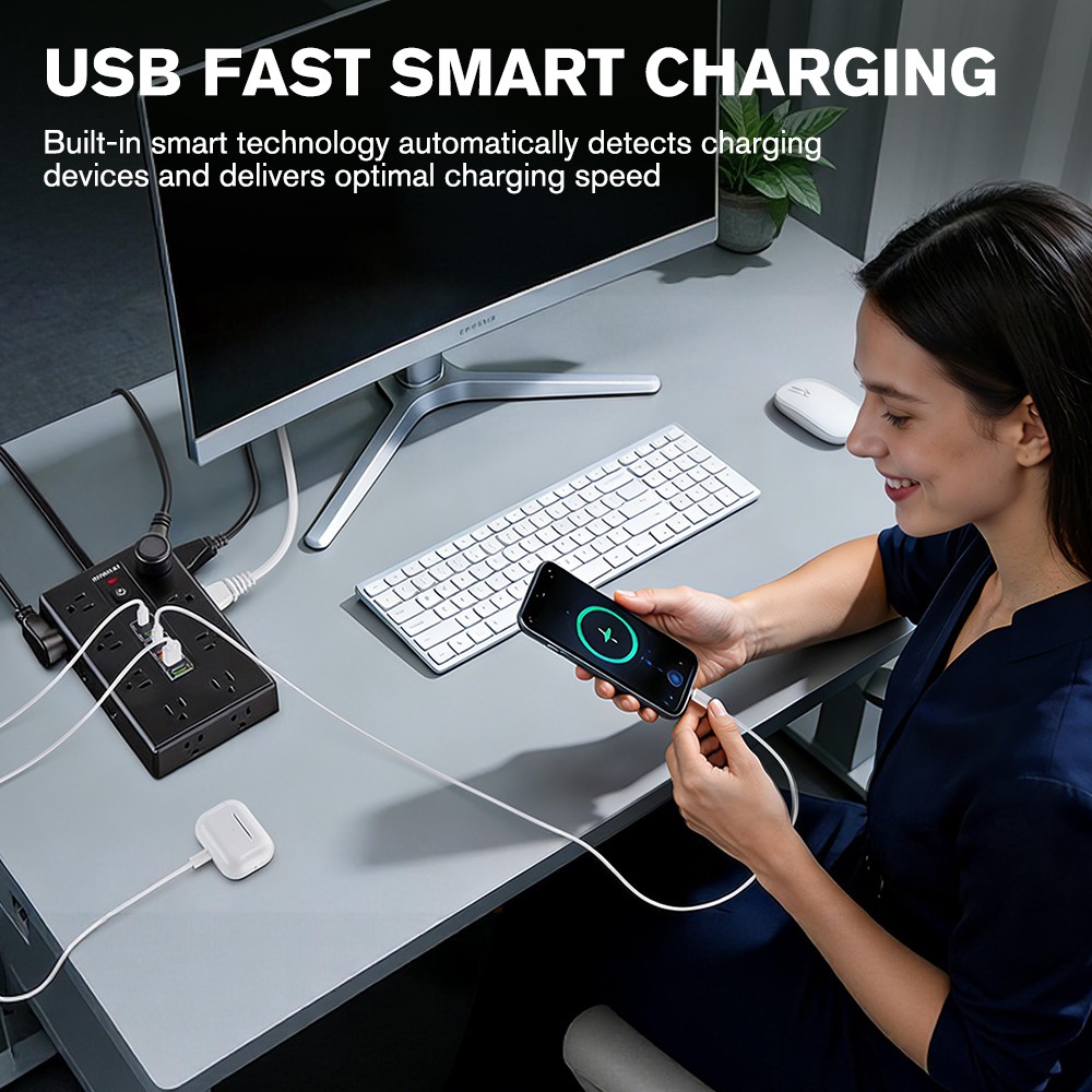 Flat Plug Power Strip with 16 Outlet Extension Cord USB Port Surge Protector