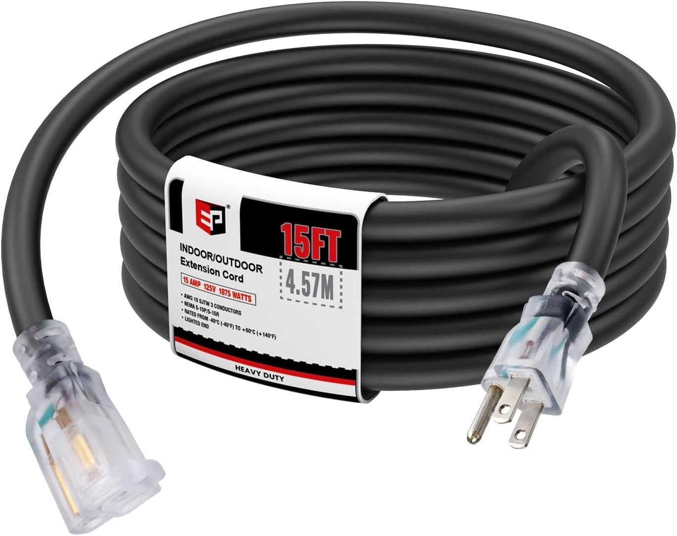 30 Ft 10/3 SJTW Lighted Outdoor Extension Cord, Black | 10 Gauge Heavy Duty Exte