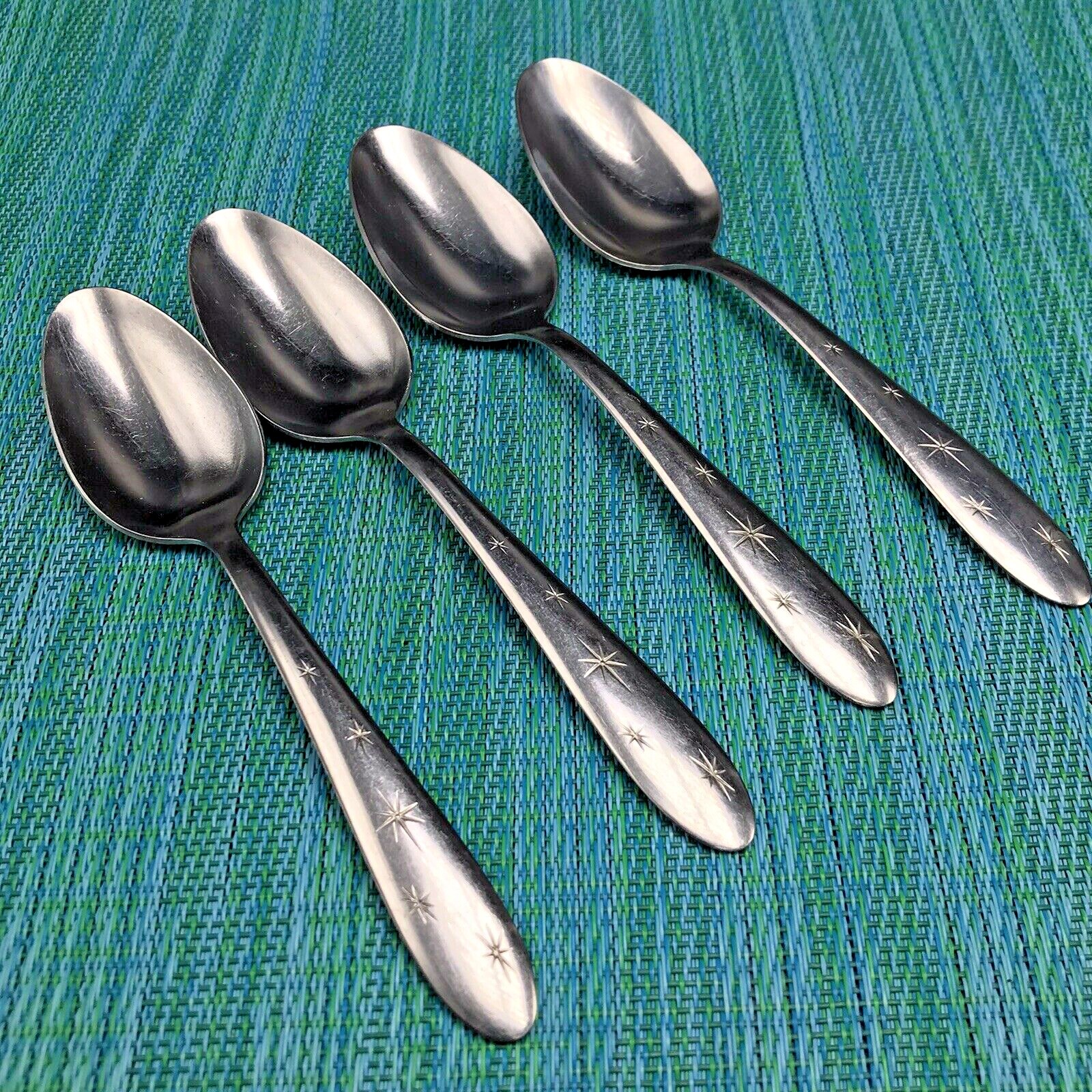 4 Marcrest MCF1 Atomic Starburst SOUP SPOONS Stainless 5 Stars MCM Vtg USA