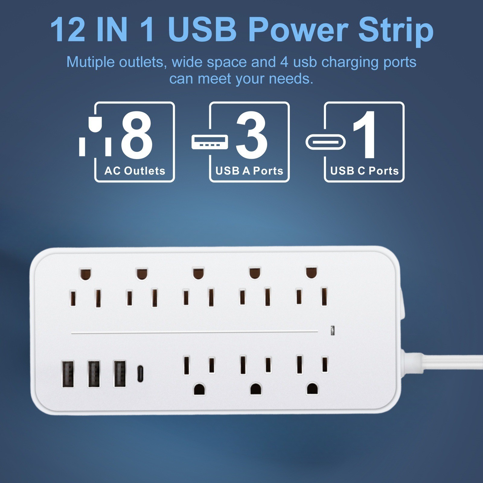 8AC Outlets US Power Strip Surge Protector with 3 USB and Type C Ports 5ft Cable