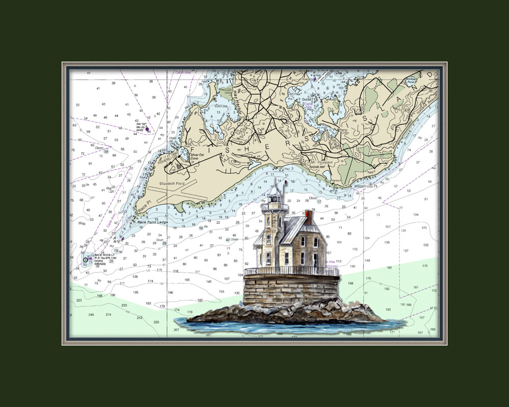 Race Rock NY Lighthouse and Nautical Chart High Quality Canvas Print