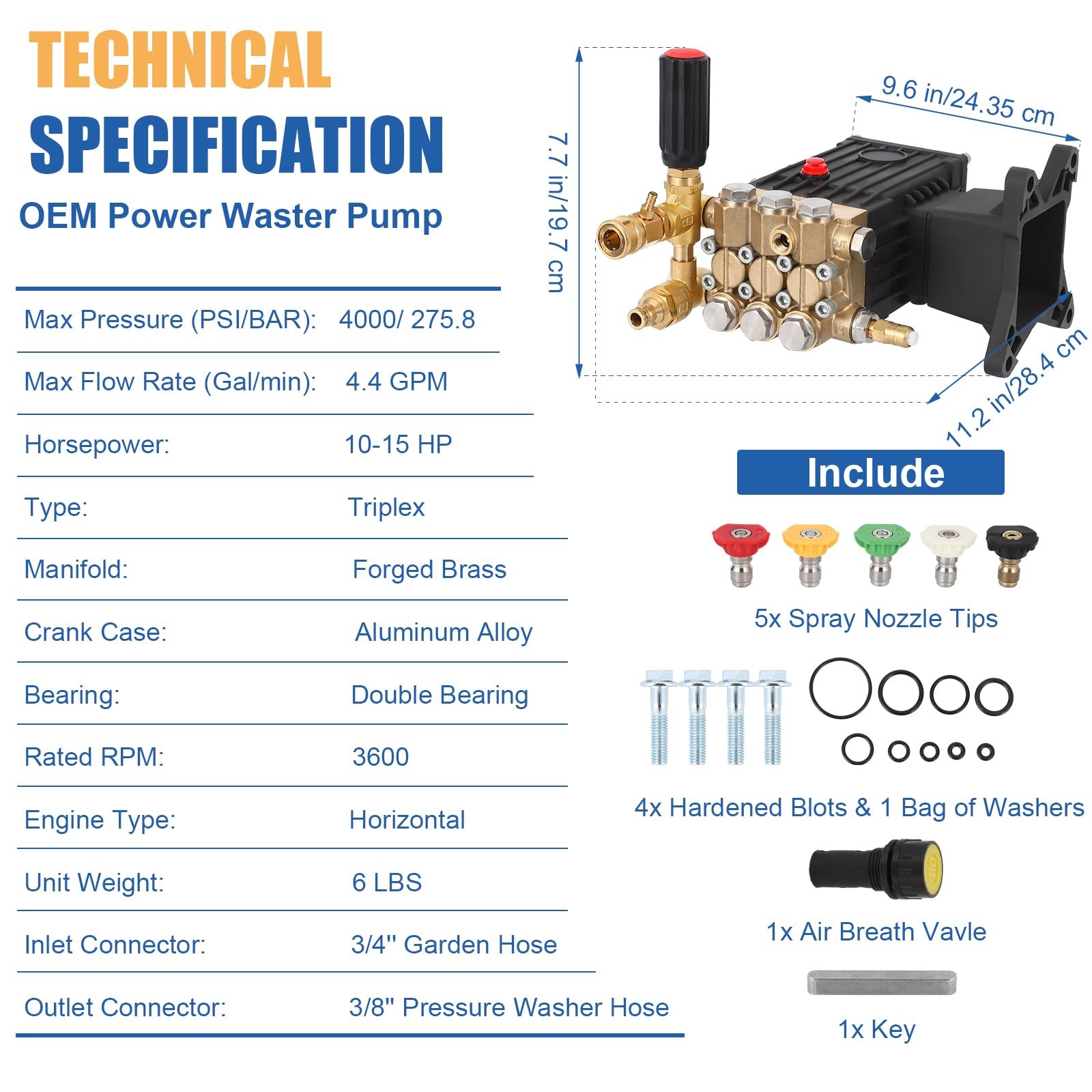 Pressure Washer Pump Power Washer Pump 1″ Shaft Horizontal 4400 PSI 4.4 GPM