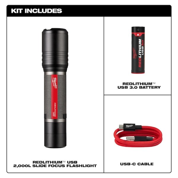 Milwaukee Tool 2162-21 Redlithium Usb 2, 000 Lumen Slide Focus Flashlight