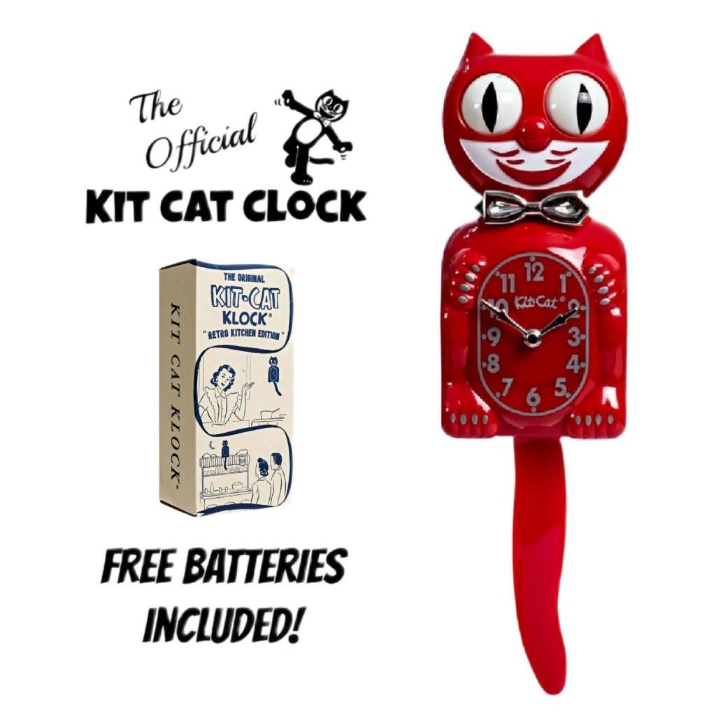 RETRO KITCHEN KIT CAT CLOCK 15.5″ Red Kit-Cat Klock MADE IN USA Free Battery NEW