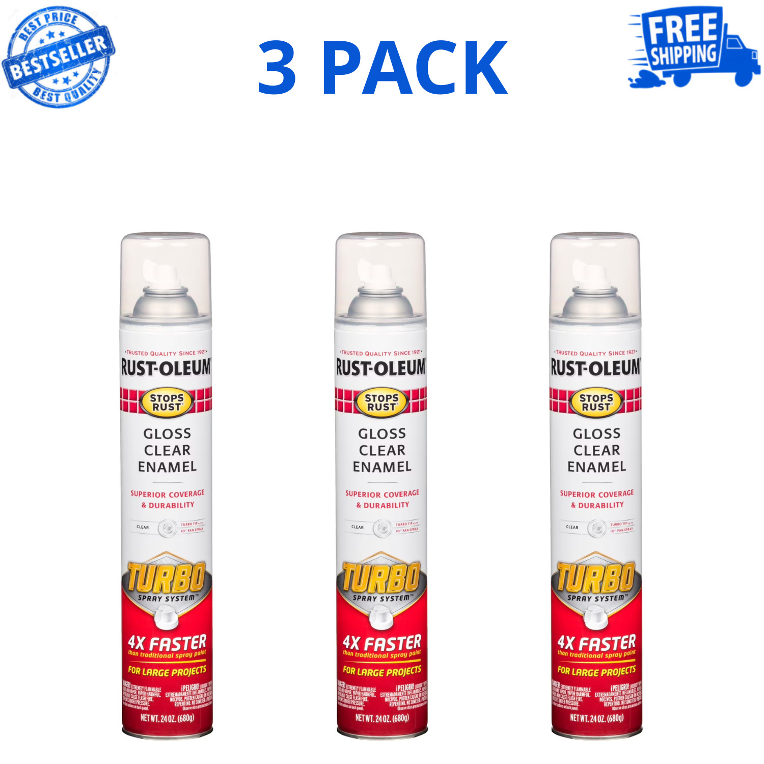 Rust-Oleum 353345 Stops Rust Turbo Spray Paint 24 Oz Gloss Clear, 3 Pack