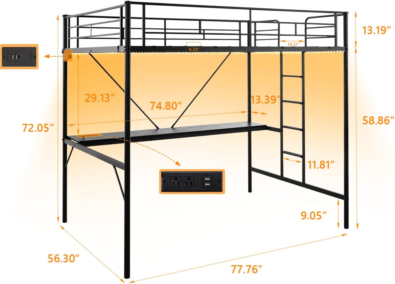 Full Size Metal Loft Bunk Bed Frame for Kids Teens Adults with Desk Underneath,2