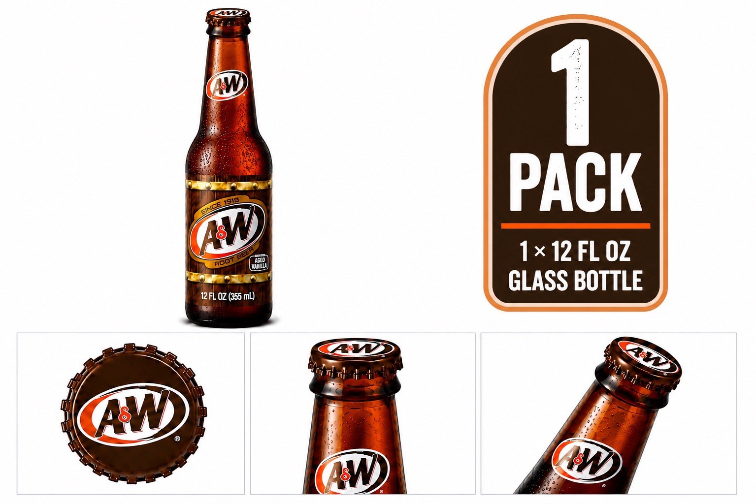 A&W Root Beer Glass Bottles 12 oz 1 Pack Caffeine Free Made with Aged Vanilla