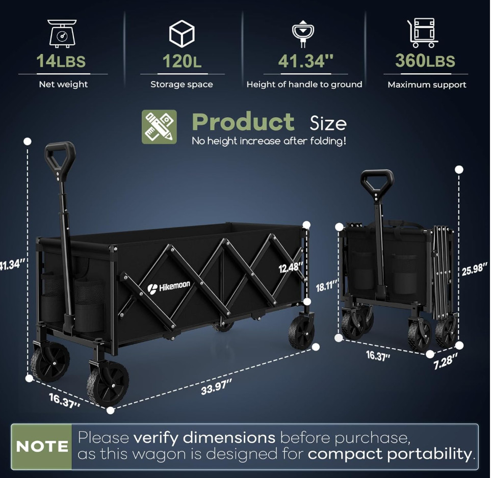 Hikemoon 34″ Extra Long Collapsible Wagon – Foldable – 360 lbs Heavy Duty