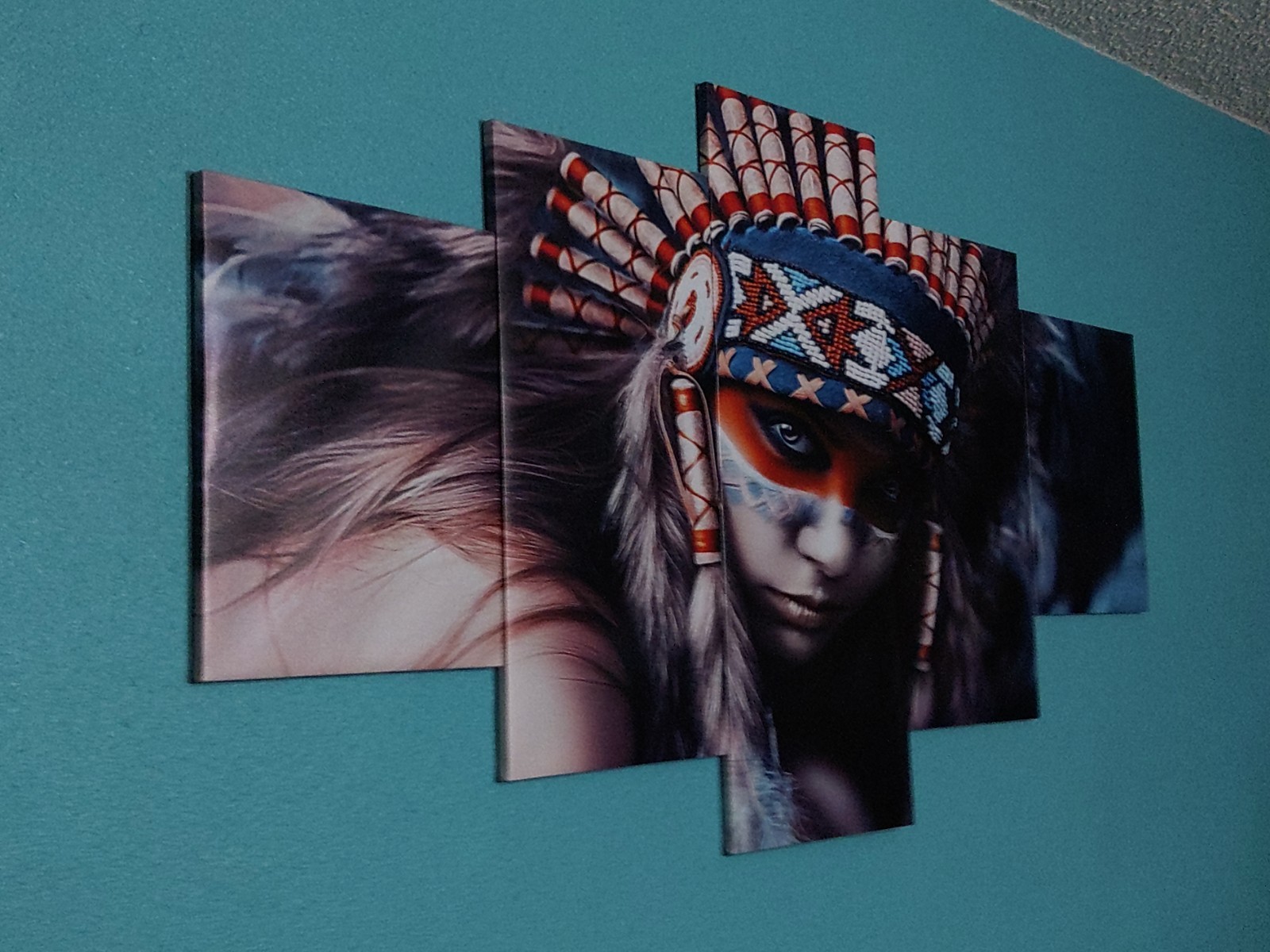 Native American Feather Headdress Indian Girl 5 Panel Canvas Wall Art