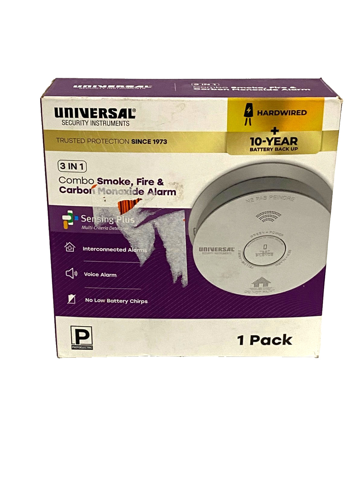 Universal 3-in-1 Hardwired & 10yr Battery Smoke Fire Carbon Monoxide Voice Alert