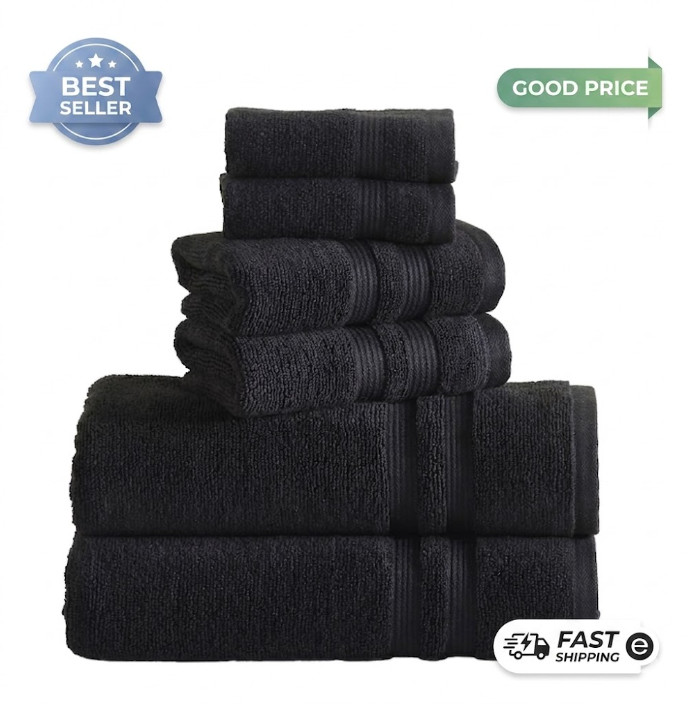 Performance Cotton 6 Piece Bath Towel Set Solid Black Quick Dry Towels