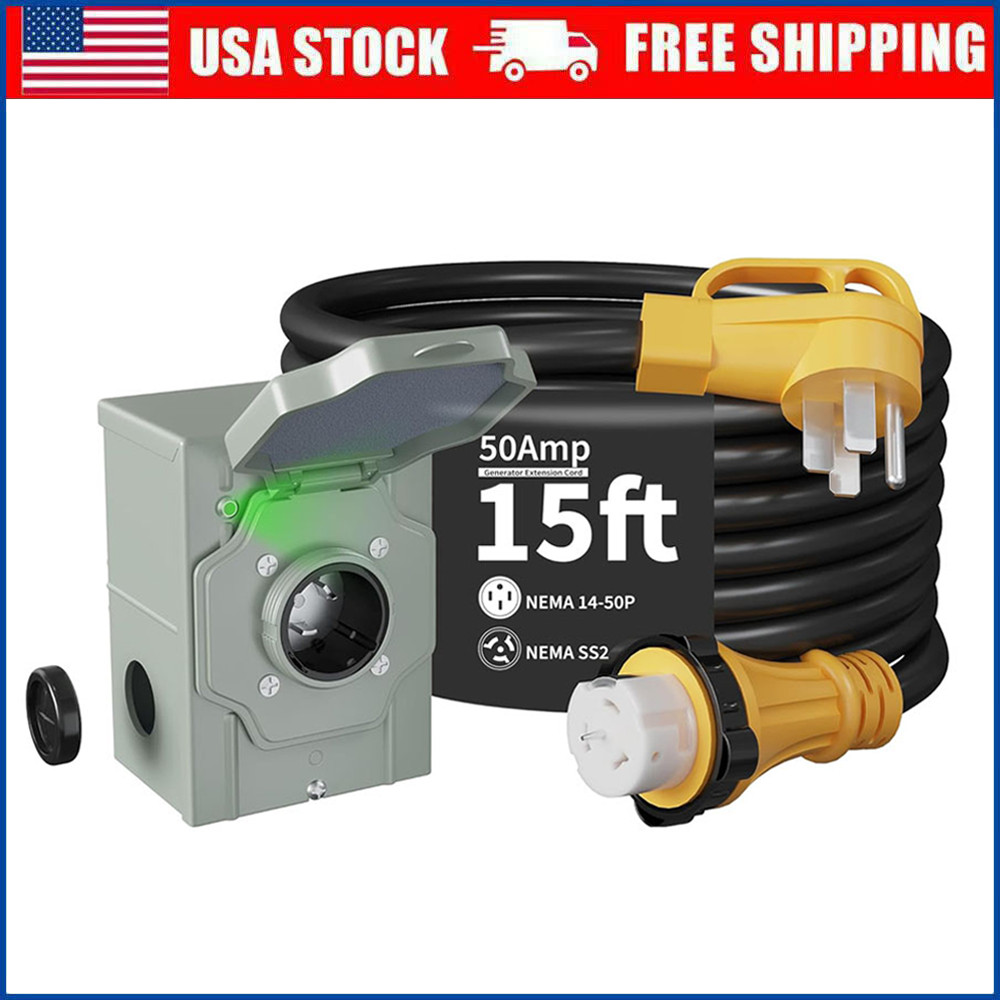 50 Amp 15FT Generator Cord and Power Inlet Box NEMA 14-50P Male to SS2-50R STW