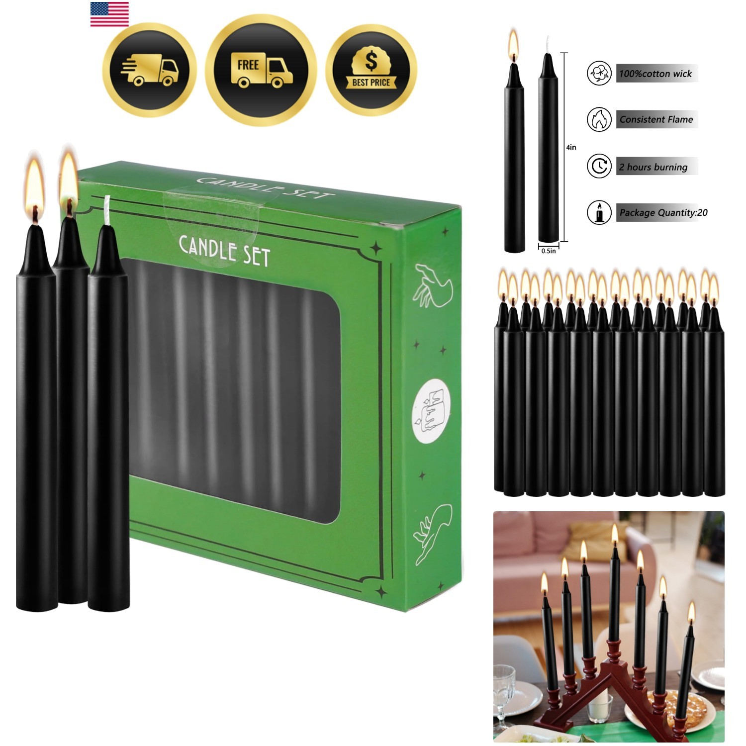 20-Pack of 4-Inch Black Taper Candles – Smokeless, Long-Burning 1.5 Hours Eac…