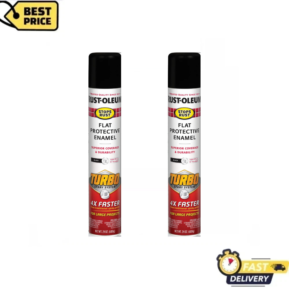 (2 Pack) Rust-Oleum Stops Rust Turbo Spray Paint, Flat Black, 24 oz, Fast Cover