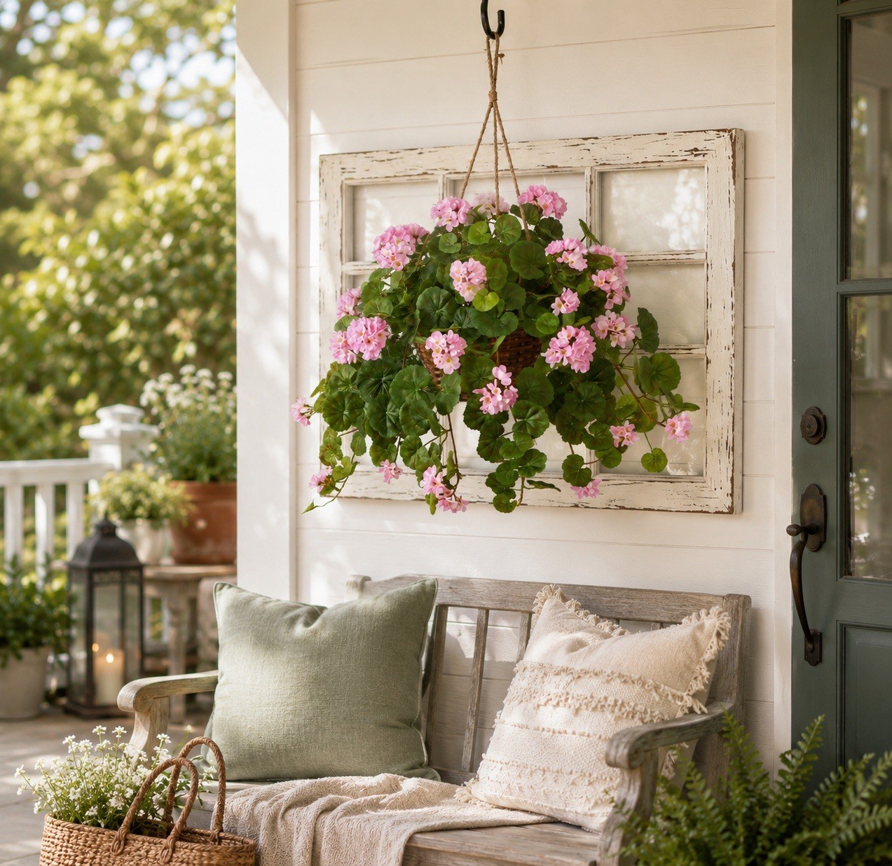 24″ Flowering Geranium Artificial Plant Hanging Basket Home Decor. Retail $88